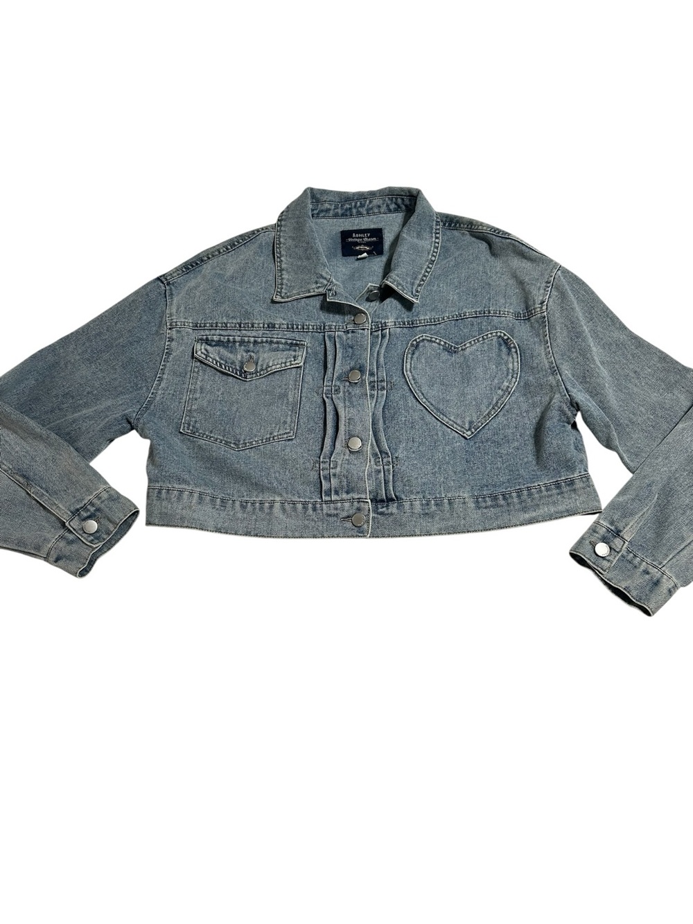 Ashley Vintage Charm Heart Pocket Cropped Denim Jacket Y2K Coquette XL - Picture 3 of 7